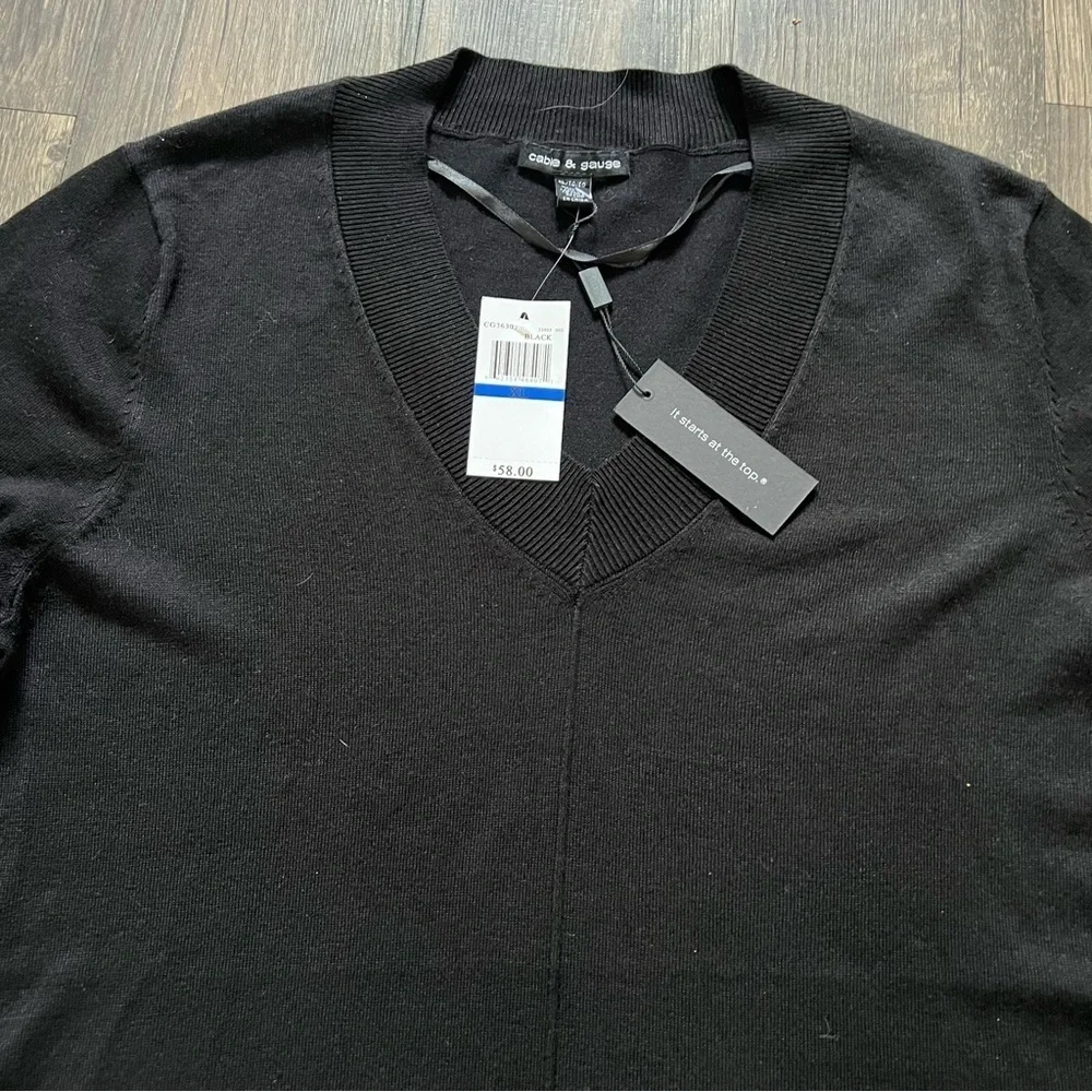 NWT Cable & Gauge V Neck Long Sleeves Black Knit Sweater Straight Fit Women's XL